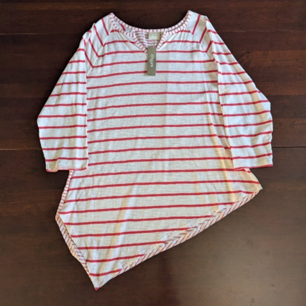 NWT Chicos 2 L Double Stripe Asymmetrical Malibu Sailor Coastal Grandma Nautical
